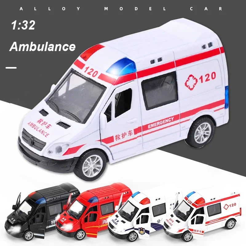 Brinquedo modelo de carro de liga para crianças, ambulância simulada, som e luz, puxar, carro de liga, porta dupla, presente, 1:32