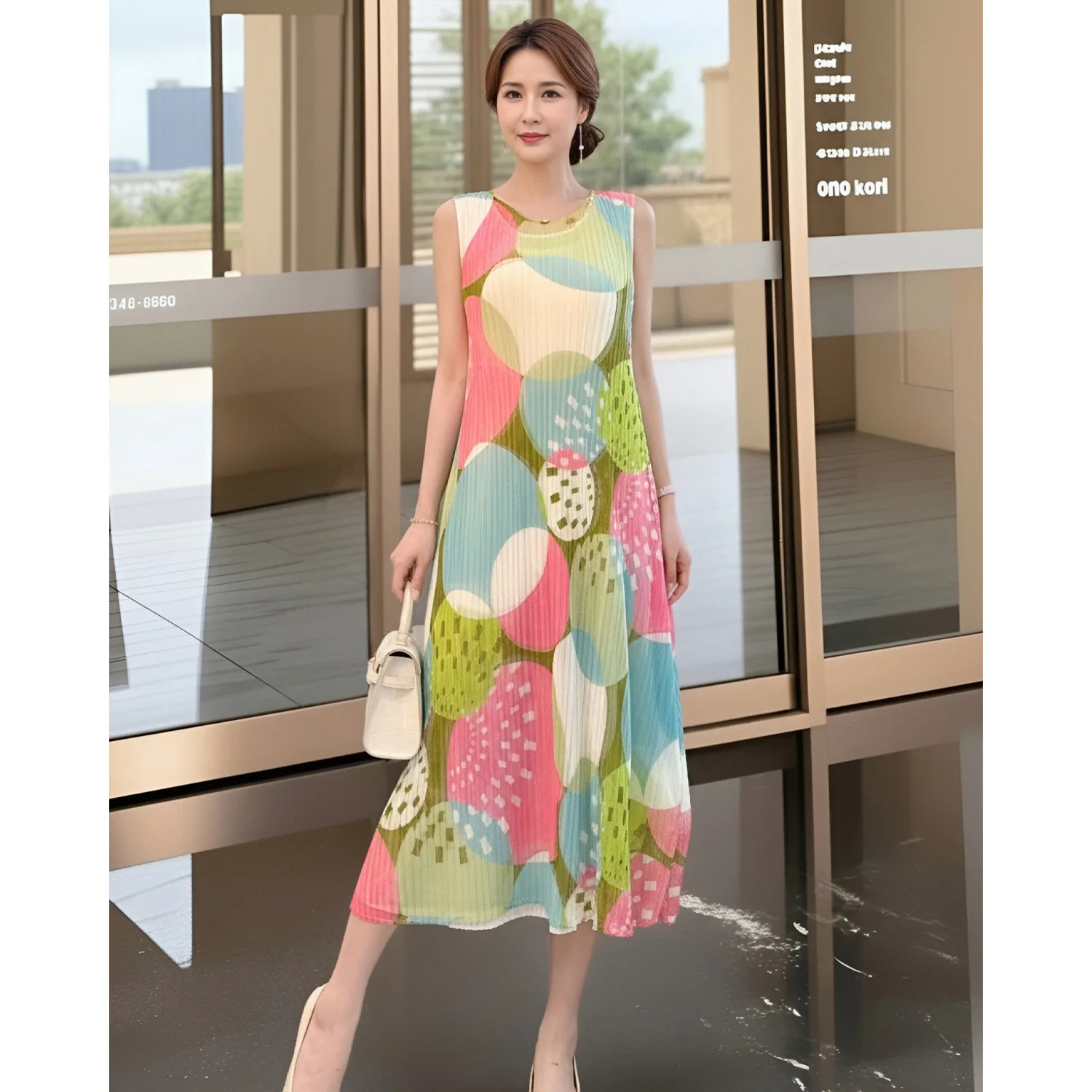 

Miyake Pleated Vest Dress Women's 2026 New Fashion Printed Round Neck Sleeveless Loose Elegant Mid-length Skirt
