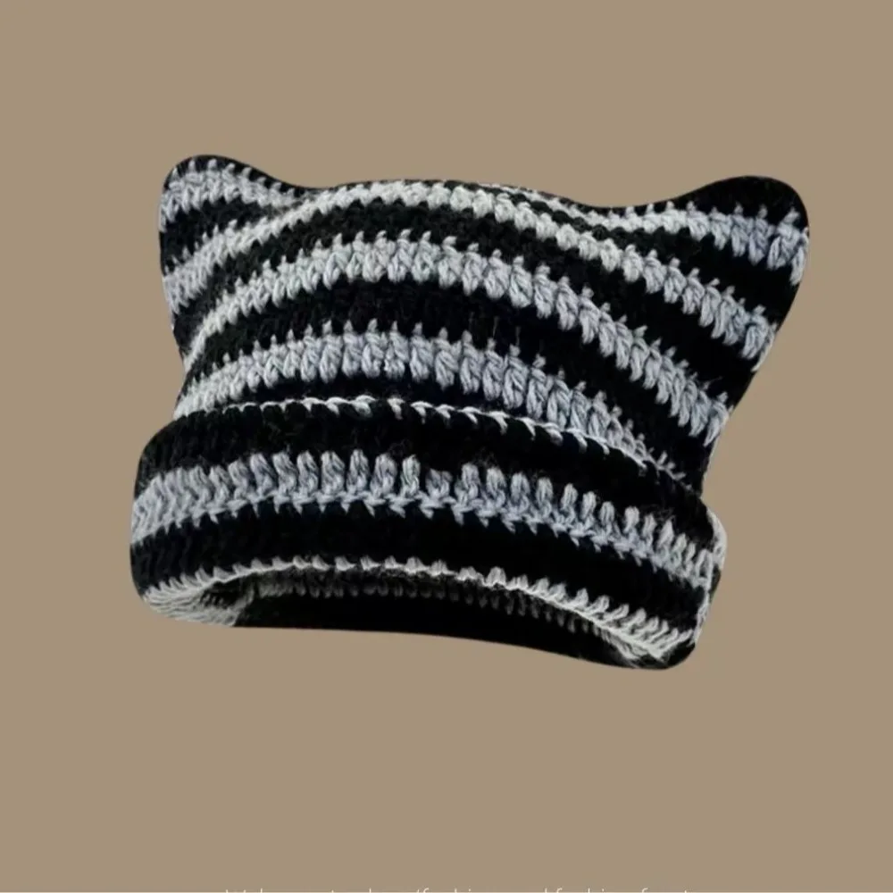 

Cute Cat Ears Beanie Hats for Women Winter Striped Knitted Punk Gothic Y2K Wool Knitted Streetwear Handmade Crochet Bucket Cap