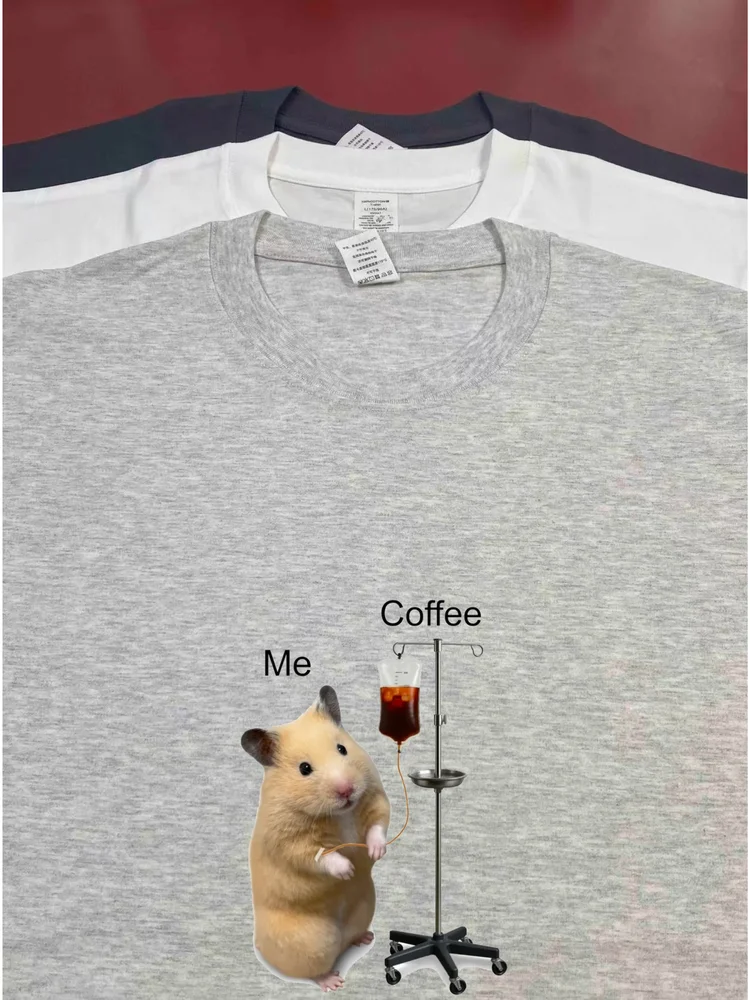 Creative Commute Cotton Short Sleeve T-Shirt for Couples Hamster Meme Coffee Injection Printing Breathable Unisex Tee