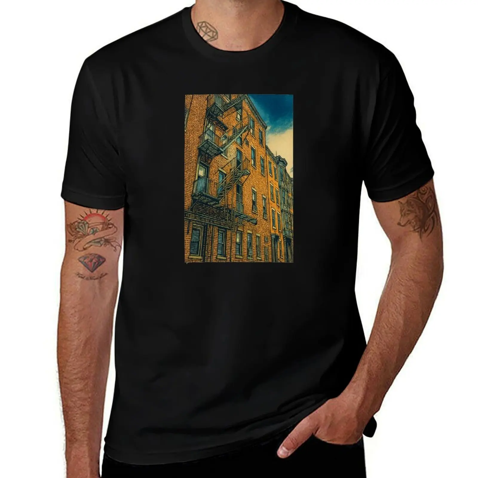 

Urban Brickscape Fire Escape Geometry - Vintage City Mood T-Shirt basketball graphic tees topping cotton t shirt men