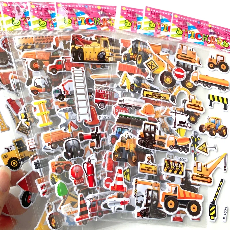 10 Mixed Packs Kids Stickers Puffy Bulk Stickers for Girl Boy Birthday Gift Scrapbooking Cartoon Engineering Vehicle Stickers