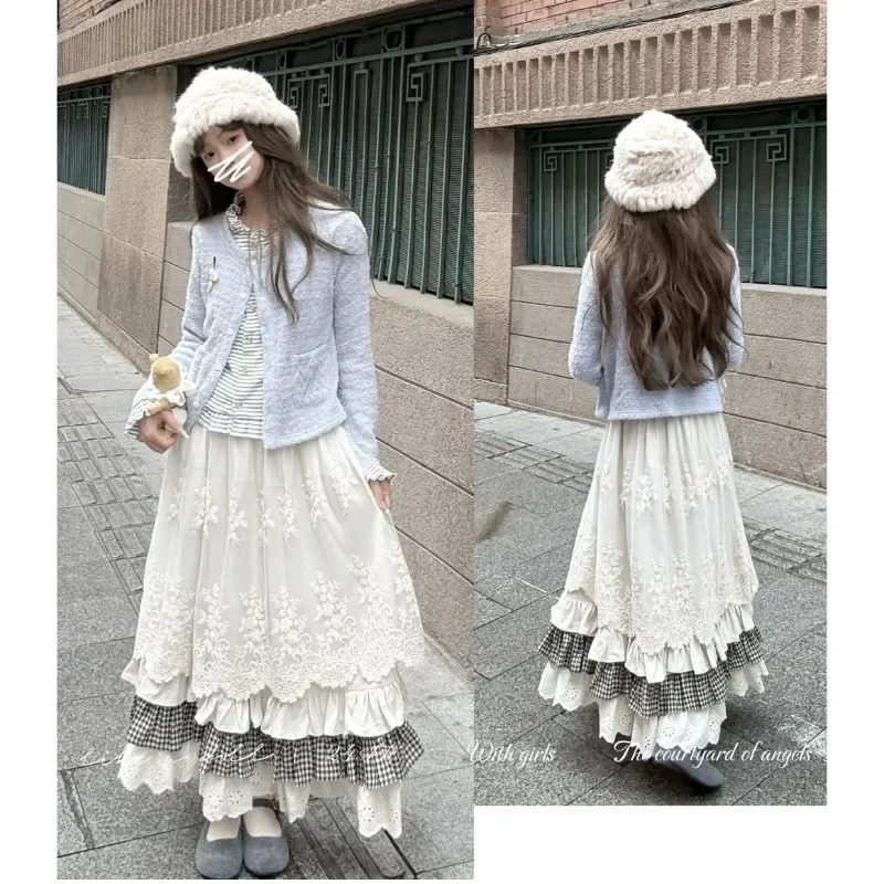 Women Sweet Vintage Mori Girl Style High Waist Splicing Plaid Long Skirt Winter New Korean Fashion Beige Lace Kawaii Maxi Skirts