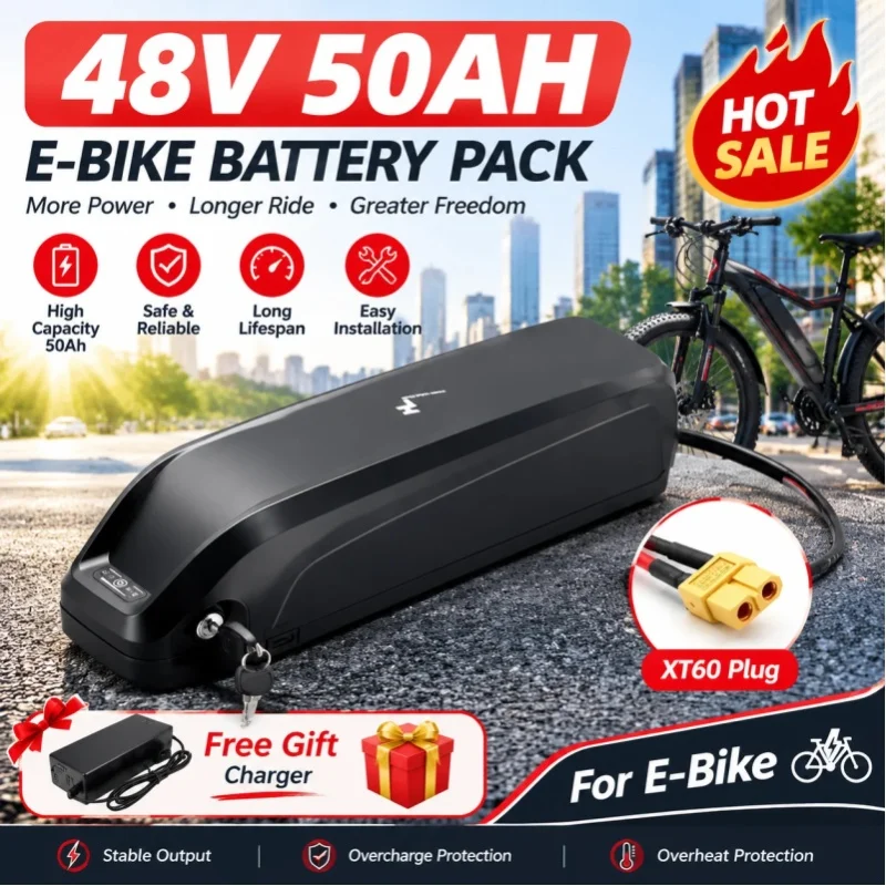 48V 50Ah E-Bike-Akku, Hailong Lithium-Ionen-Akku mit XT60-Stecker, wiederaufladbarer Elektrofahrrad-Akku mit kostenlosem Ladegerät für E-Bike-Umbausatz