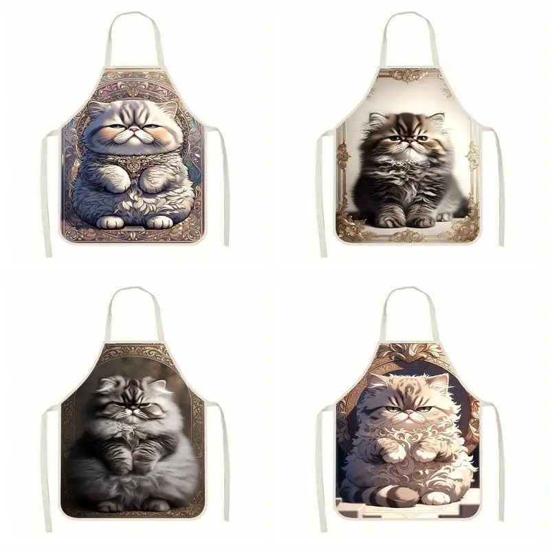 

Cute Cat Pattern Apron Linen Apron, Suitable For Kitchen Cooking, Parent-Child Interaction, Painting And Other Scenarios