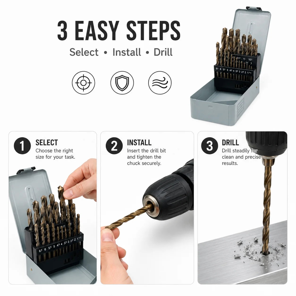 HSS  Cobalt Twist Drill Bit Set 25Pcs 1.0-13mm Metric Drill Bits Kit for Metal Wood Plastic with Metal Storage Box