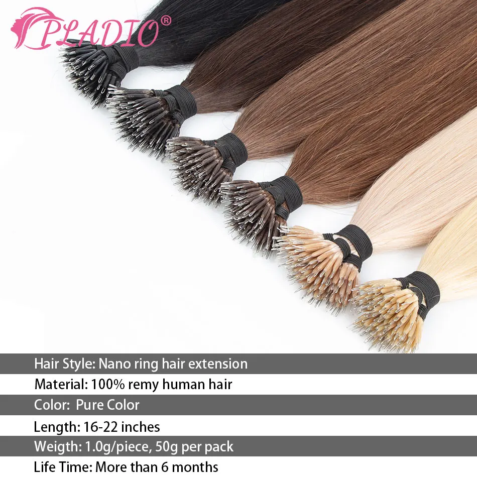 PLADIO-Nano Anéis Extensões de Cabelo Humano, Micro Bead Loop, Ligações Pré Bonded, Em Linha Reta Preto Natural, 1g por Strand, 16-22 em