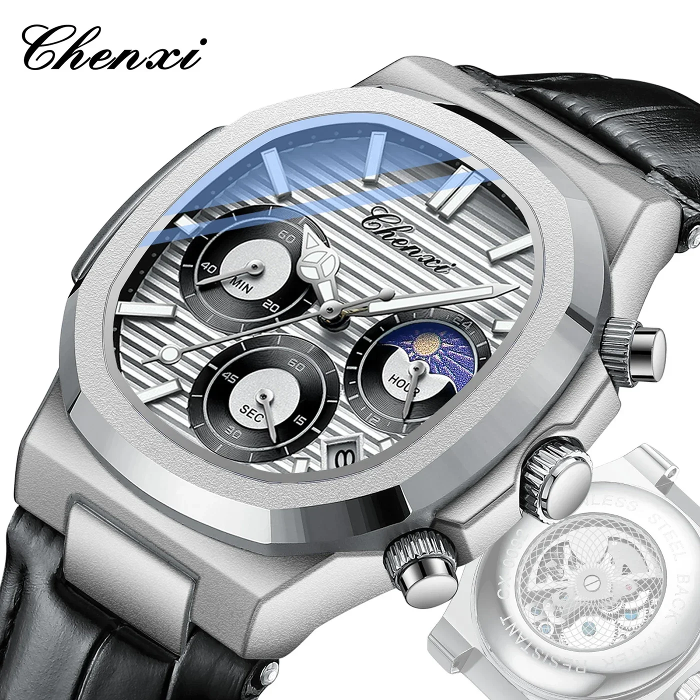 

CHENXI 0092 Fashion Men Watch Quartz Movement Wristwatch Leather Strap Skeleton Design Casual Chronograph Watches Luxury Men