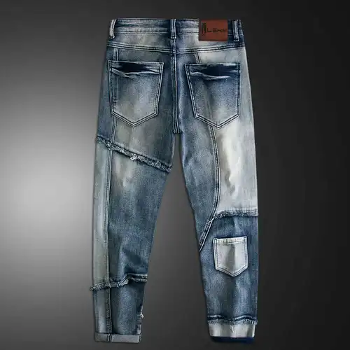Imagen 2 del producto Ropa de calle, pantalones vaqueros de motocicleta, pantalones vaqueros de Hip Hop para hombres, pantalones vaqueros de Los Hombres, ropa de calle, pantalones vaqueros de mezclilla de retales azules, pantalones vaqueros ajustados para hombres para hombre