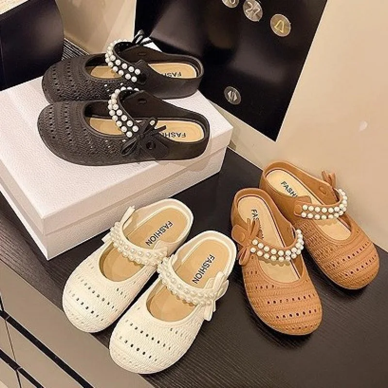 Summer Breathable Casual Walking Women's Slippers Pearl Bow Slip on Backless Flats Light Woman Shoes Hollow Out Women's Sandals