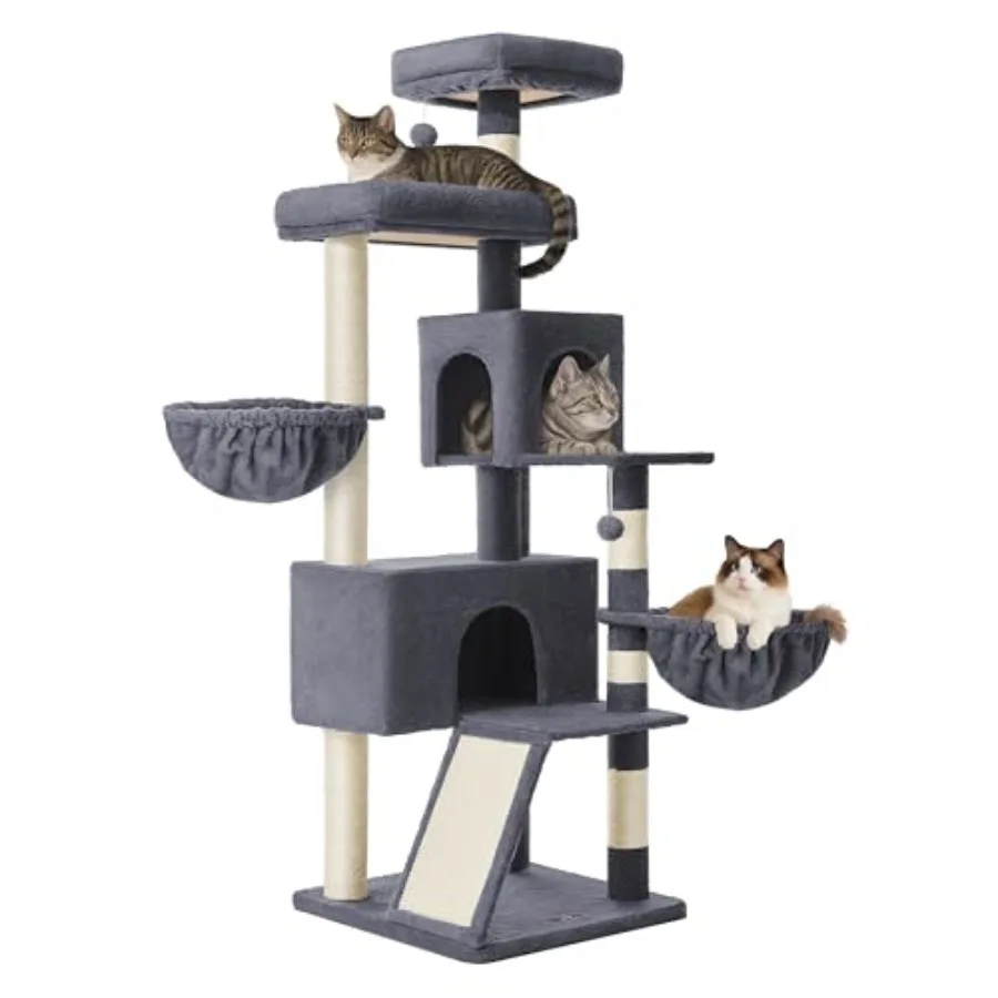 

68.5-Inch Tall Cat Tree with Multi-Level Plush Condo Large Perch Scratching Posts Double Caves in Gray and Beige for Indoor Cat