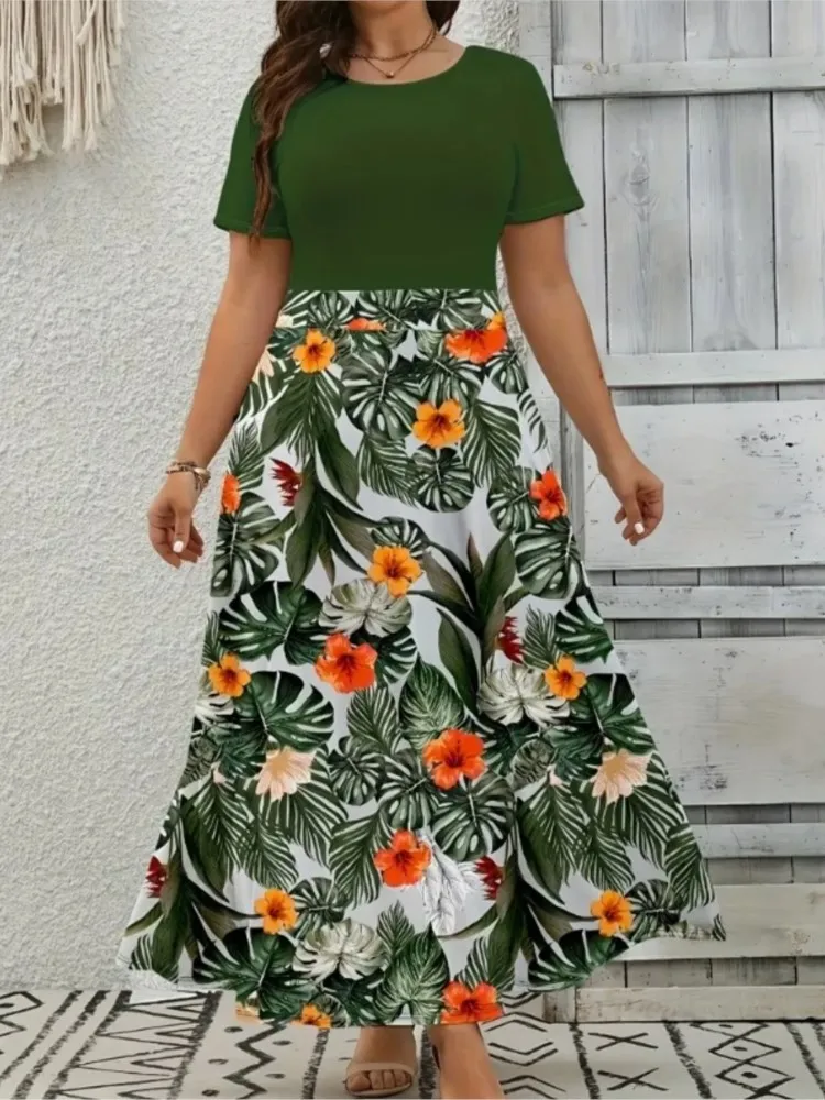 

Flower Print Color-blocking Short-sleeved Large-size Women's Dress Fashionable Casual Solid Color Upper Body Large-sleeved Dress