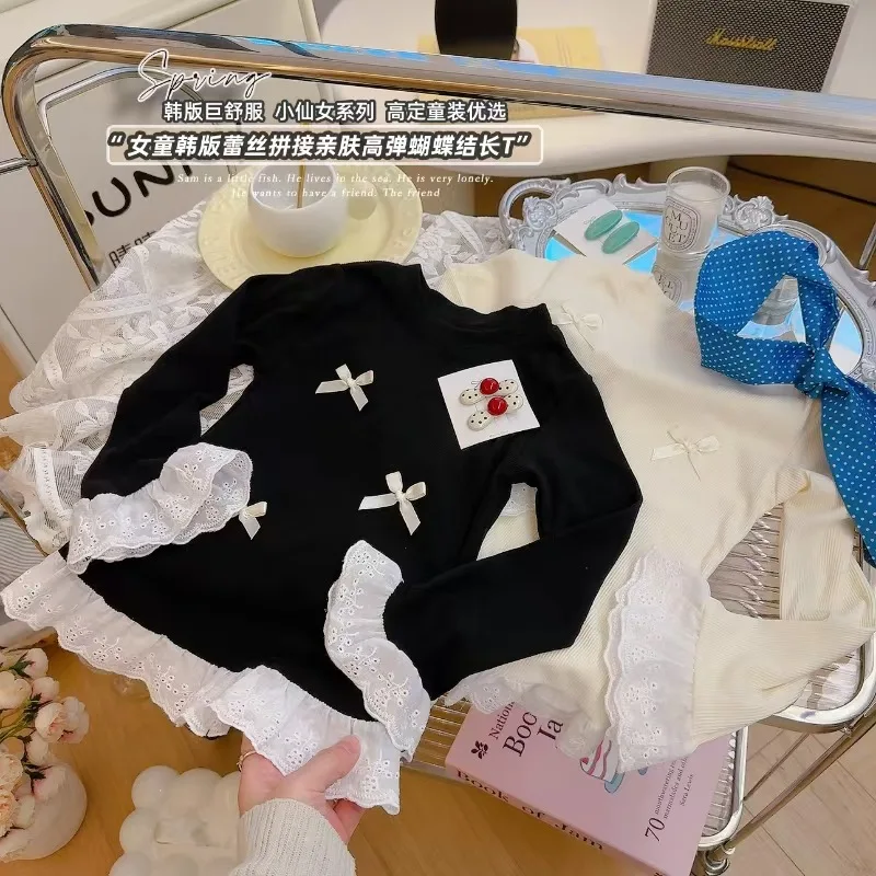 Langarmshirt für Mädchen – Basic-T-Shirt mit Spitzen-Schleife für Kinder, süßes Layering-Shirt, niedlich und vielseitig, 2–8 Jahre