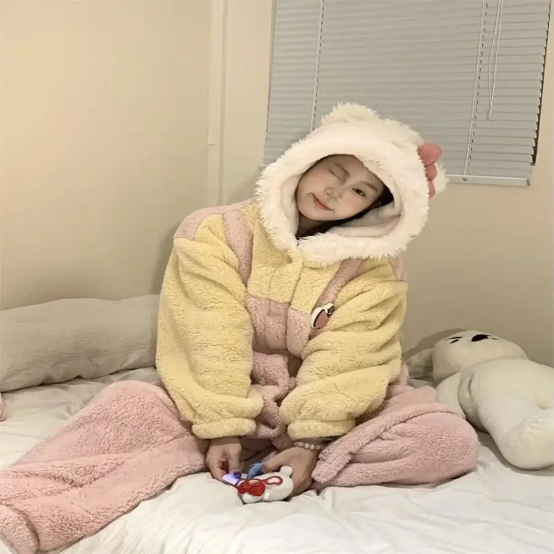 

Sanrio Hello Kitty коралловый бархатный пижамный халат, зимний бархатный утолщенный фланелевой комплект спального платья средней длины с капюшоном, домашняя одежда