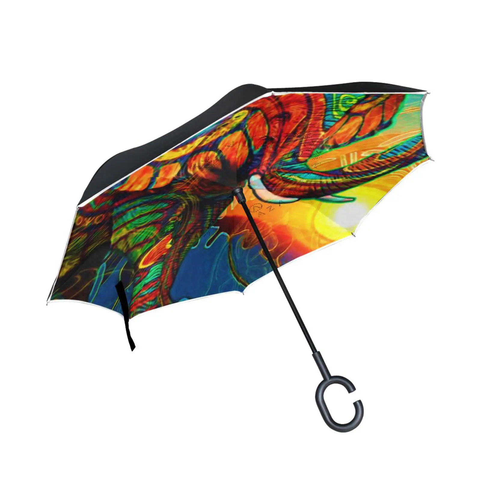 

Long Handle Windproof Car Reverse Umbrella Male Elephant Fantasy Print Double Layer Inverted Self Standing Rain Umbrella Parasol