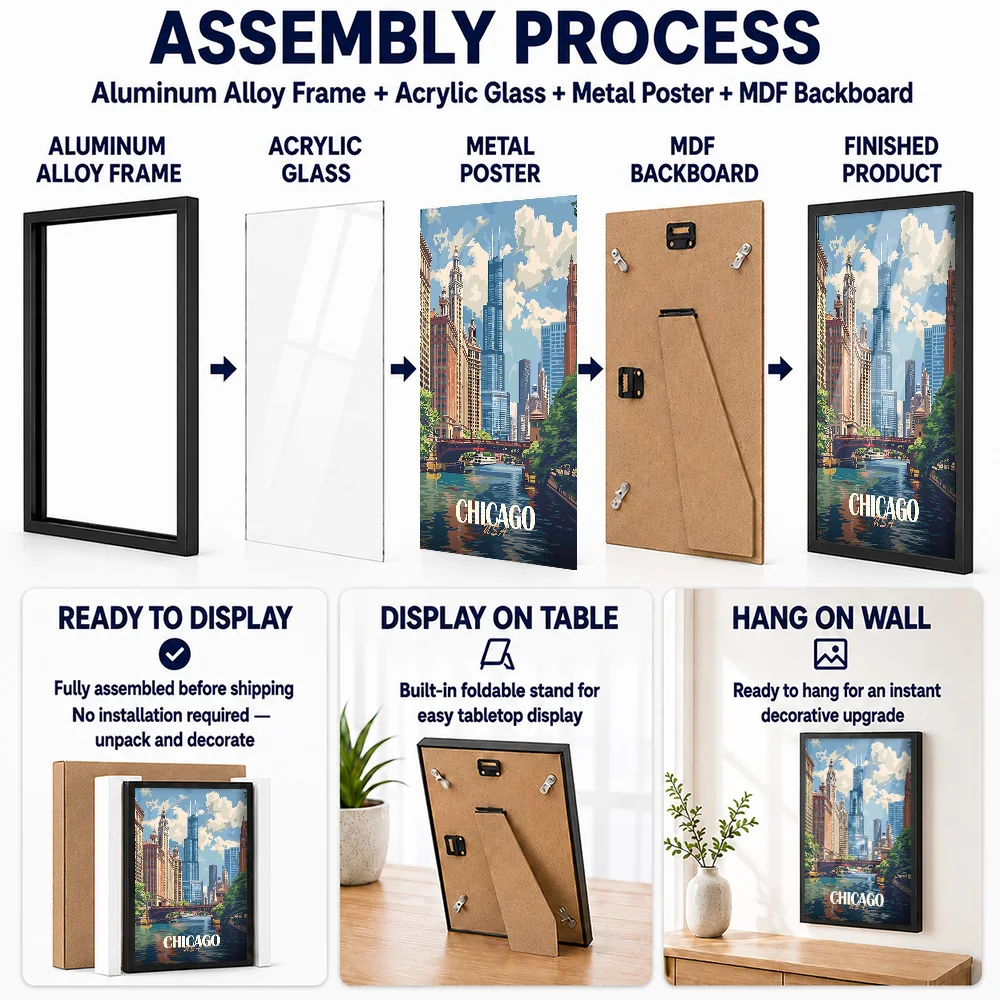 Chicago Skyline Travel Metal Poster With Aluminum Alloy Frame Personalized Photo Urban Style Wall Art For Lounge Birthday Gift