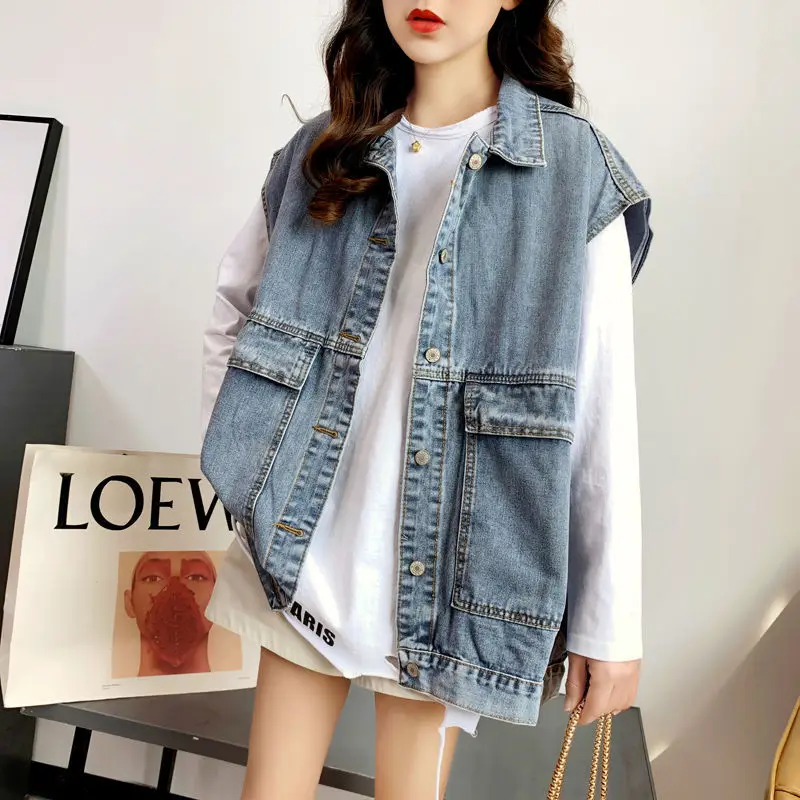 Ladies Korean Fashion Sleeveless Cardigan Women Vests Female Woman Waistcoat Casual Clothes Girls Beautiful Outerwear Denim Vest