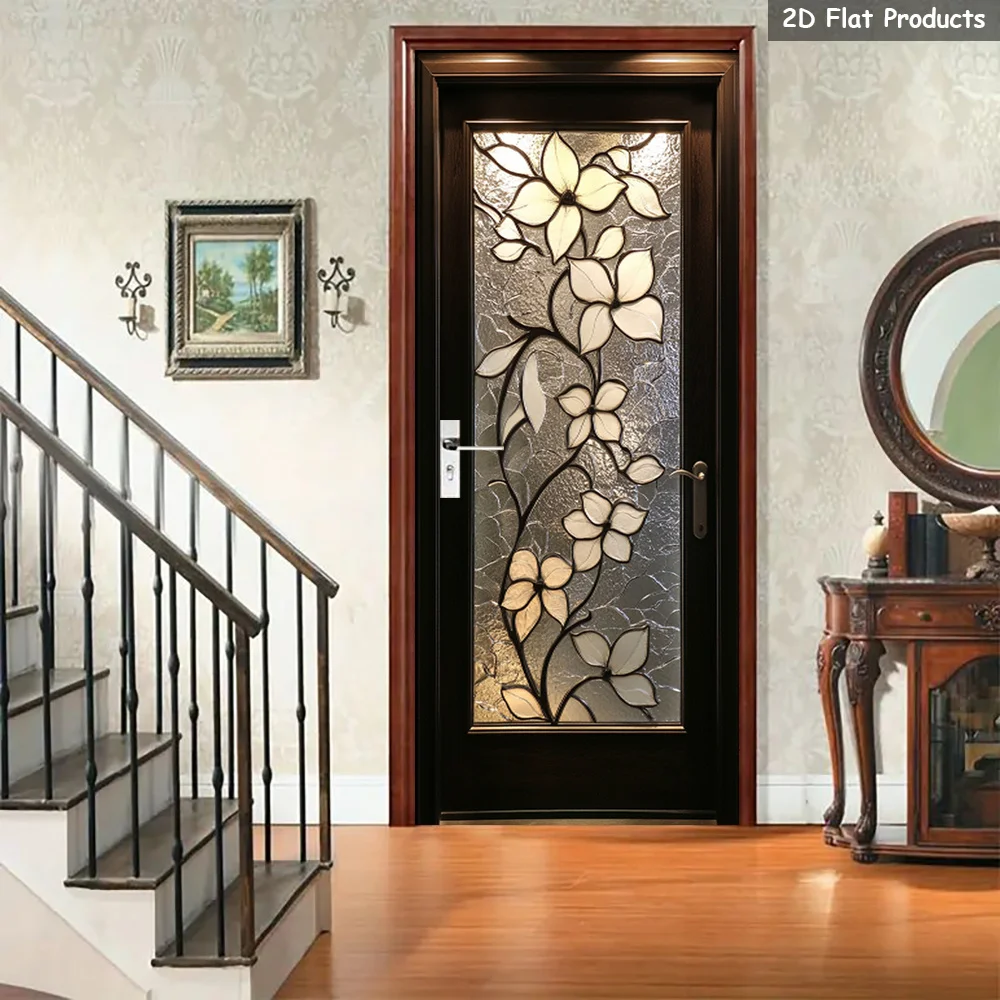 1 pair of elegant floral door stickers, white floral door murals, home decoration self-adhesive door stickers