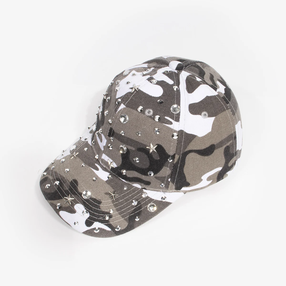 Camouflage Baseball Cap with Star And Rhinestone Decor Military Green Adjustable Unisex Hat for All Seasons