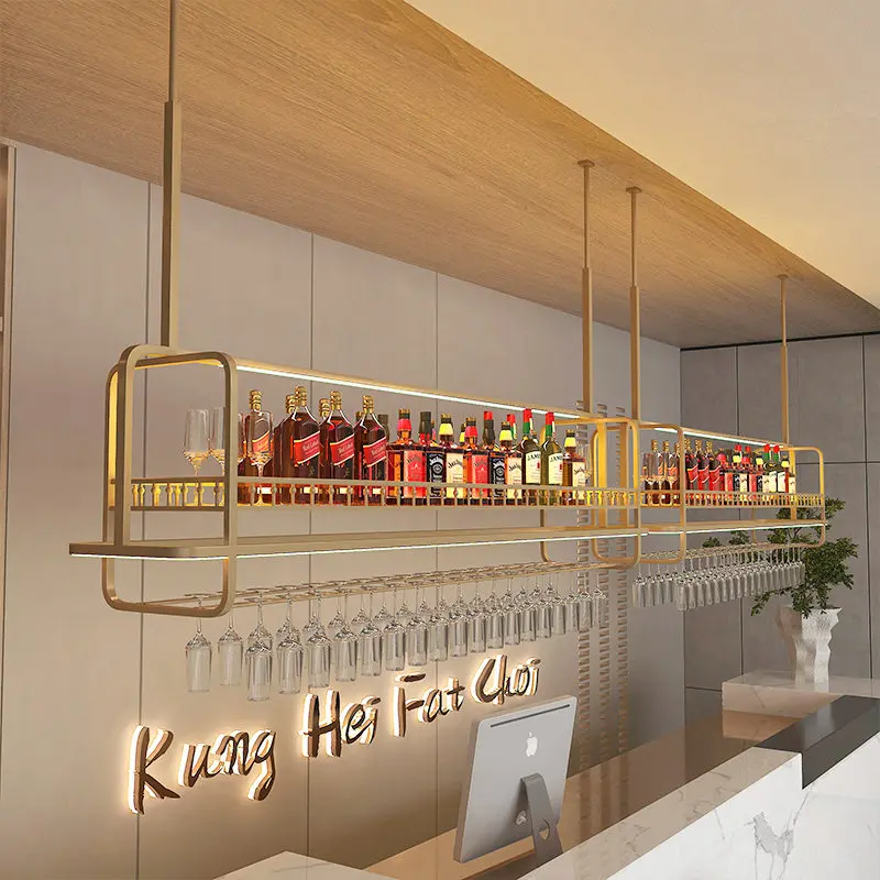 Light luxury hanging bar wine rack with light upside down wine glass rack Bar restaurant Home bar hanging cup rack