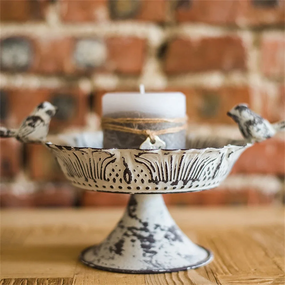 Creative Iron Candlestick Bird Food Basin Storage Home Flower Pot Holder Ornaments Retro Old European Style Candlestick