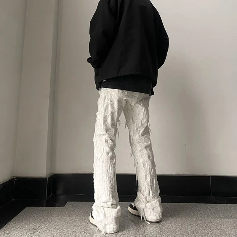 

Streetwear Y2K Tassel Fringe Hole Baggy Jeans Men's White Black Straight Casual Denim Trousers Unisex Loose Oversized Cargos