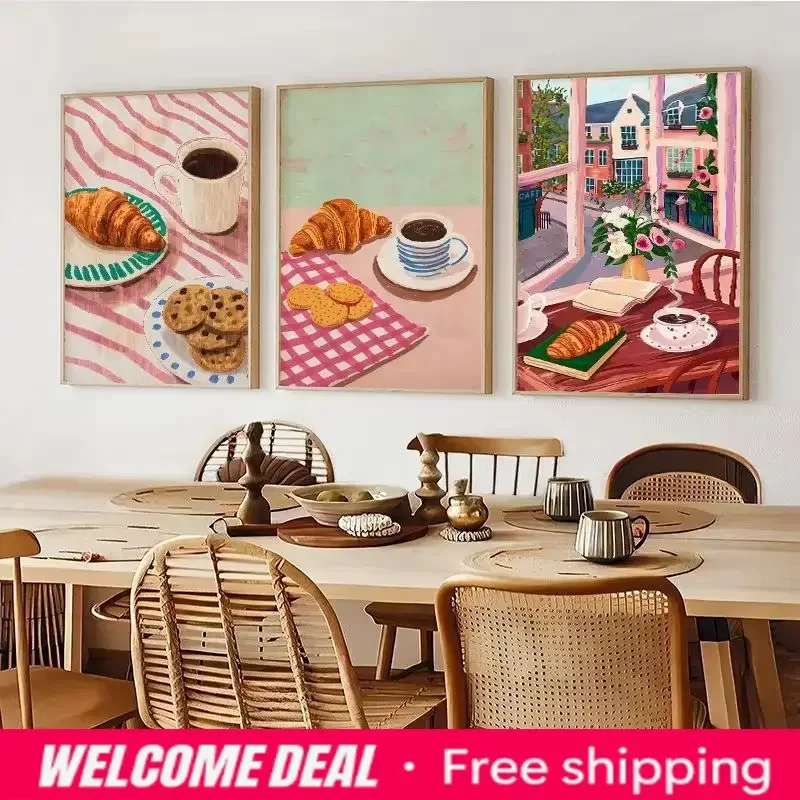 Coffee Shop City Bakery Illustration Croissants and Cookies Art Poster Canvas Painting And Print Picture for Kitchen Home Dec