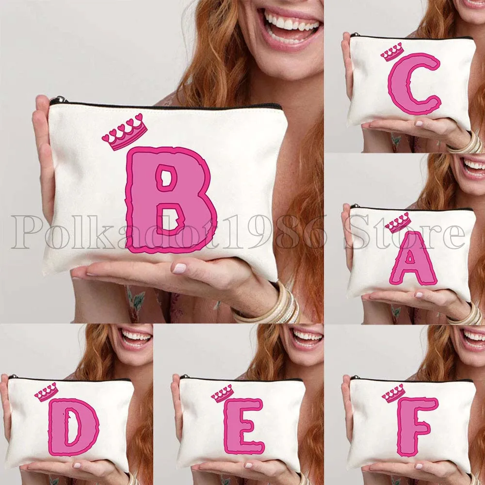 

Cute Hot Pink Crown Initial Letter A Z Alphabet Girls Gifts Canvas Cosmetic Makeup Toilet Bag Pencil Case Pouch Key Coin Purse
