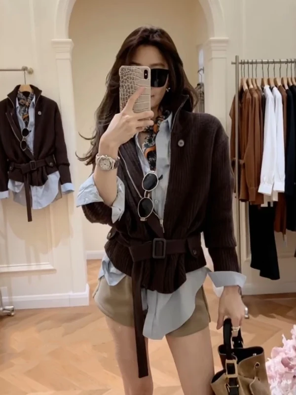 

Korean Style Knitted Sweater High Waist Shorts Three Piece Set Women Spring 2026 Long Sleeve Tied Neck Design Fashion Ensemble