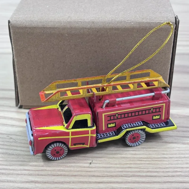 [Funny] Adult Collection Retro Wind up toy Metal Tin fire truck scaling ladder car pendant Clockwork toy model vintage toy gift