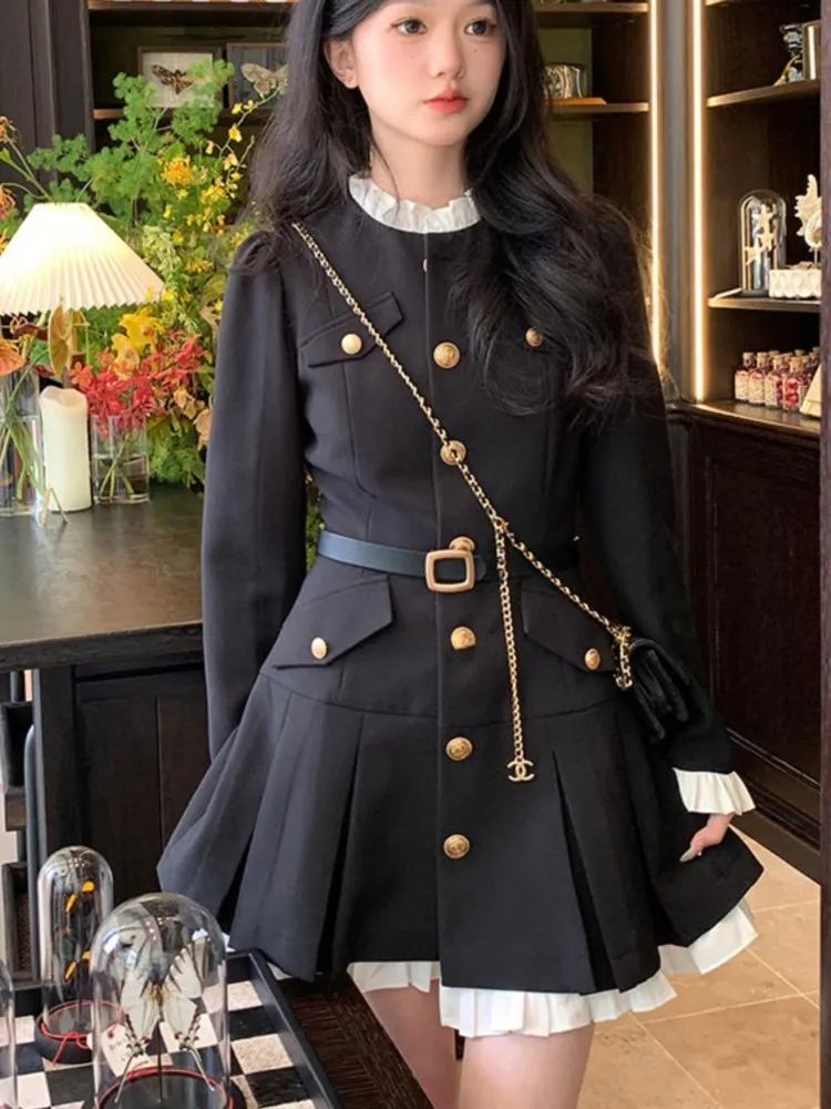 Elegant Patchwork Short Dresses for Women Ruffles Long Sleeve O-neck Korean Fashion Birthday Party Dress Autumn New Vestidos