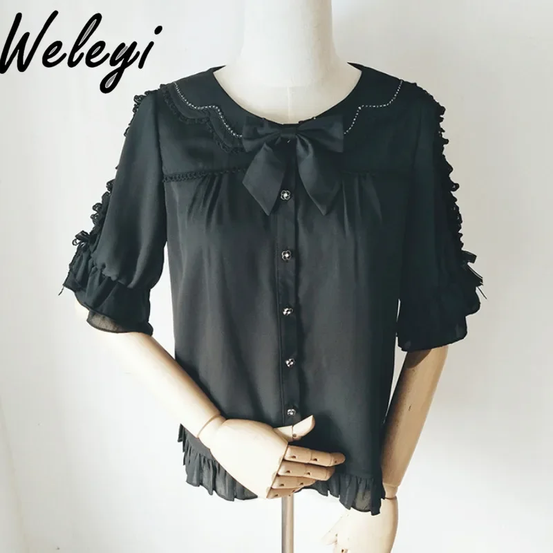 

Lolita Girl Jirai Kei Ruffle Shirt Original Sweet Japan Chiffon Short Sleeve Black Blouses with Ribbon Bow Clothing Femininas