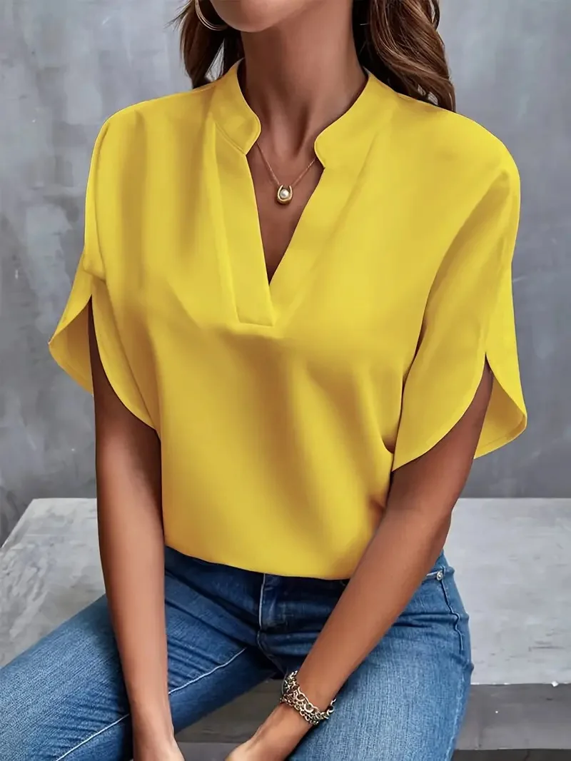 Fashion V-neck Short Sleeve White Tops And Blouses Women 2024 Summer Casual Solid Office Ladies Top Femme Shirt Blouse