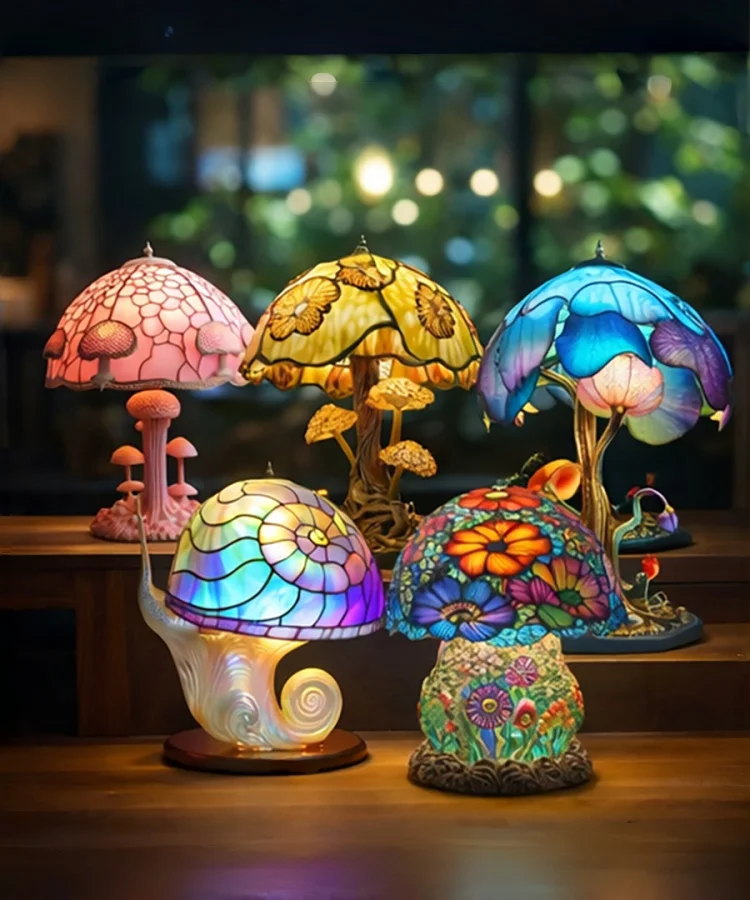 Flower and Mushroom Night Light, Resin Carved Atmosphere Lamp, Led Table Lamp, Home Decoration Gift for Bedroom and Living Room