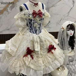 Japanese Sweet Lolita Princess Dress Women Elegant Vintage Bow Off Shoulder Lace Mesh Pearl Evening Party Dresses Lolita Clothes