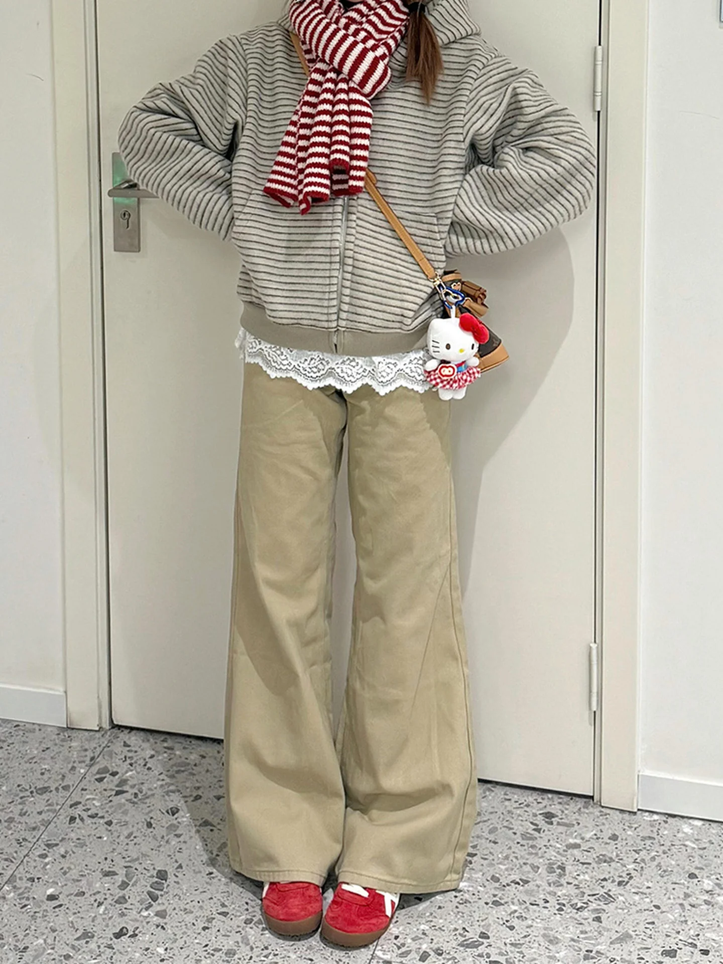 Retro American Fce Lined Khaki Loose Women's Jeans Autumn Winter plus Size Slimming Wide Leg Pants High Waist Zipper Closure