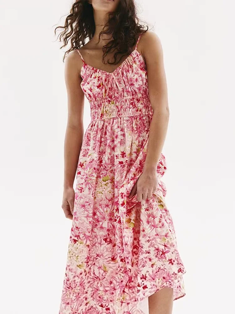 ファッショナブルなカジュアル花柄ノースリーブレディースドレスハイウエスト A ラインミディスカート V ネック夏新着 ZA2025