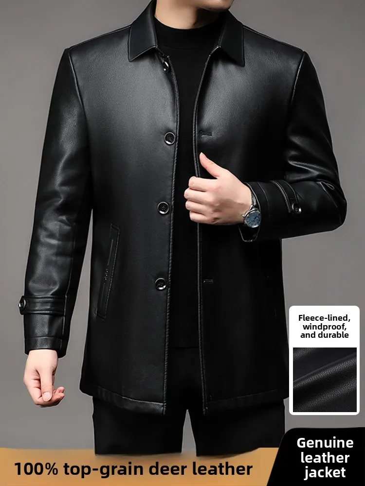 

Мужская кожаная куртка из оленьей кожи на флисовой подкладке, повседневная, с воротником, на пуговицах, осенне-зимняя, для отцов, в деловом повседневном стиле
