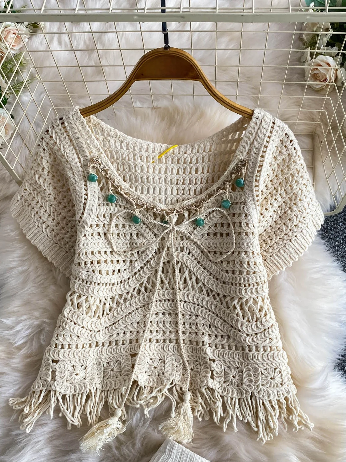Beach Vacation Style Sweet Tassel Beaded round Neck Top Asymmetrical Elegant Full Skirt Two-Piece Set Women's Fashion