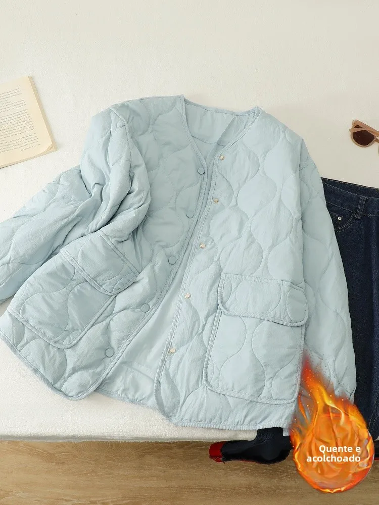 

Women's round Neck down Cotton Jacket Quilted Diamond Pattern Warmth Baseball Style Coat Thickened Long Sleeve Retro Style