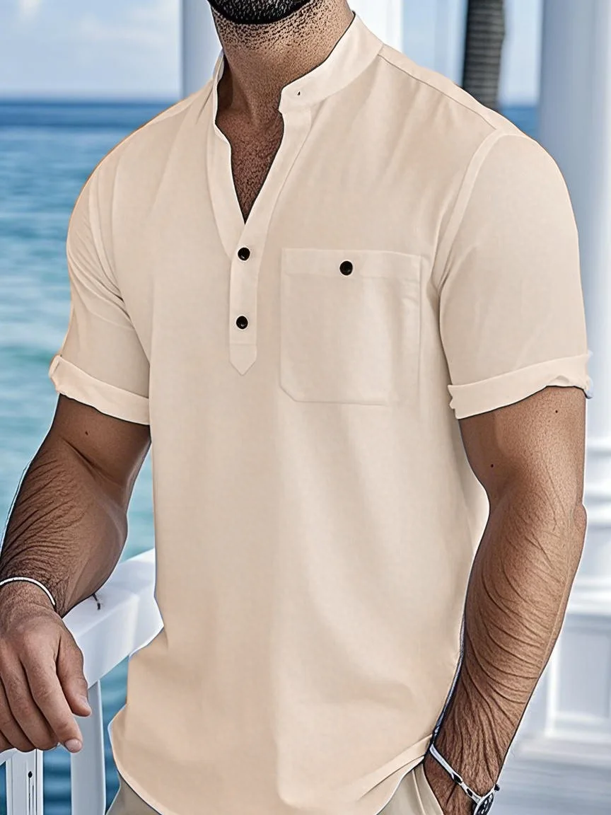 New Shirt Men's Henry Collar Pocket Casual Beach Short-Sleeved Solid Color Men's Top T-Shirt Retro Streetwear