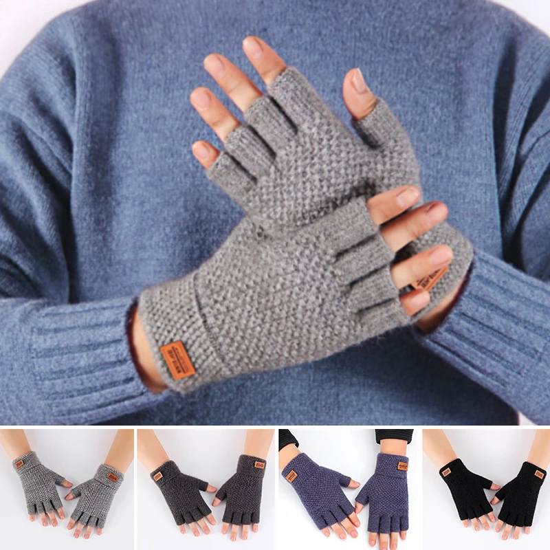 1Pairs Winter Warm Knitted Half Finger Gloves For Men Touchable Driving Fingerless Gloves Unisex Solid Color Leather Label Glove