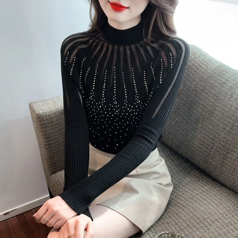 Lace Bottoming Shirt for Women Long-sleeved Autumn Winter New Style Slim Fit Pullover Knitted Top Versatile Tight Sweater