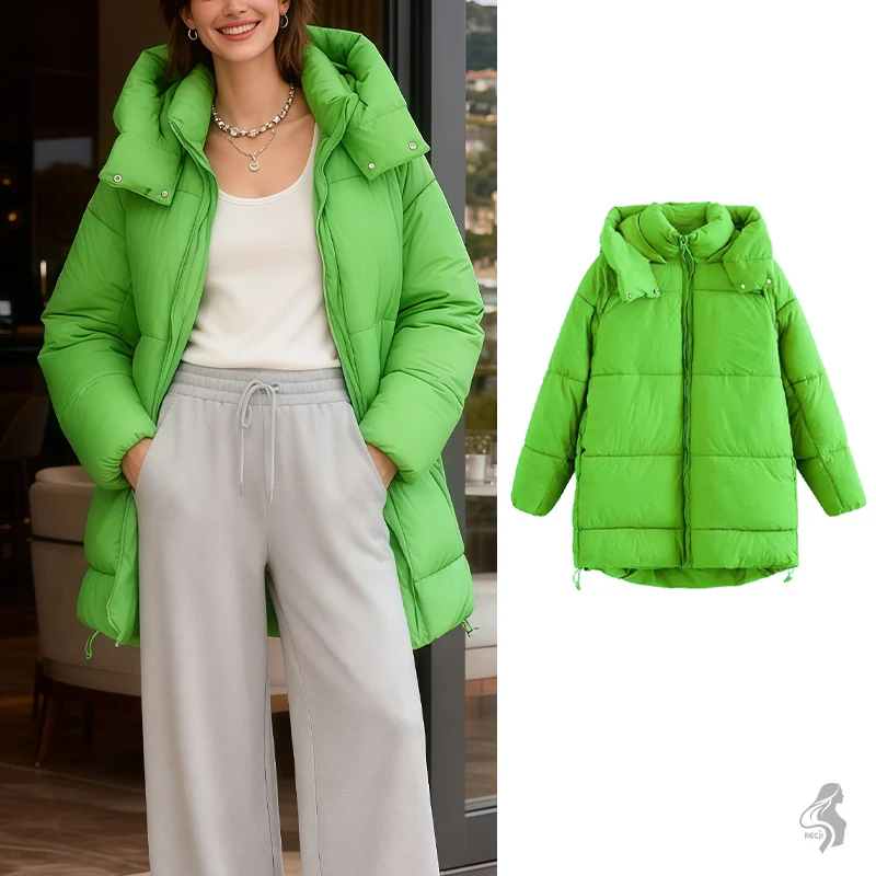

Niche Design Fluorescent Green Cotton Coat Jacket Hooded Mid Length Thick Padded Jacket Trendy And Personalized Winter Women Top