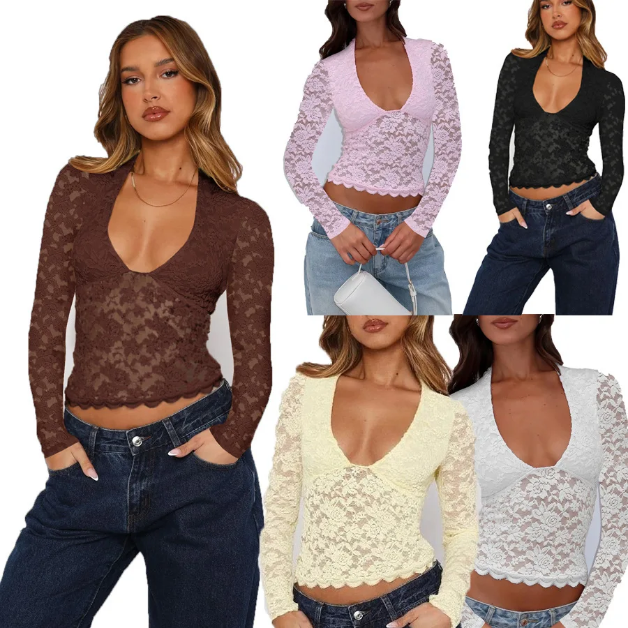 

Spicy Girl Hollow Lace Long Sve T-irt Women's Faion Polyester Fiber Pure Color Spring Season Other Material 00%