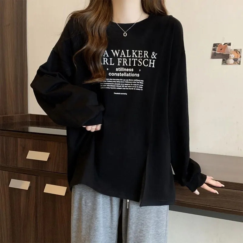 Female Clothing Letter Printed Sweatshirts Loose Spring Autumn Fashion Split Asymmetrical Casual Korean Long Sleeve Pullovers