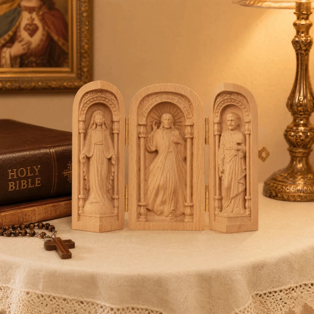 Wooden Boxwood Religious Themed Carved Figurine Light Brown Wooden Sculpture Faith Pattern Wood Carving Table Decor