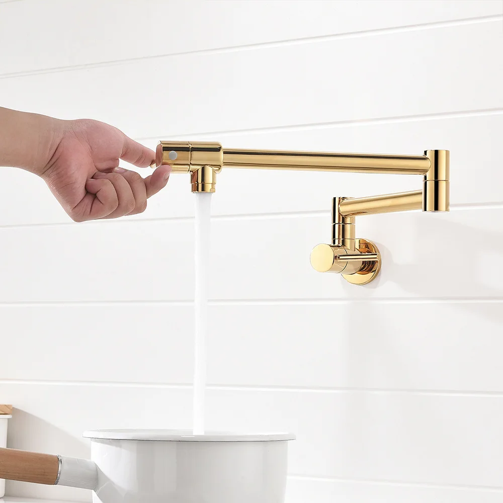 

Single cold folding kitchen faucet, all copper gold single hole into the wall concealed installed 360 degrees rotating sink wash
