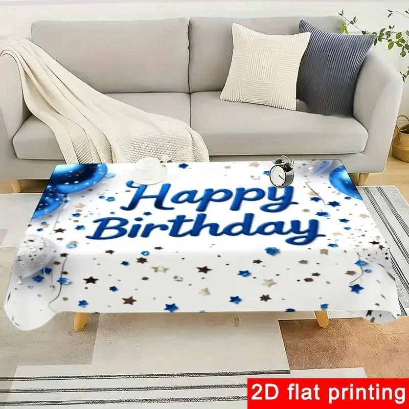 1-piece birthday happy tablecloth - Elegant blue cursive design with metallic balloon pattern, reusable and easy to cleanxzj