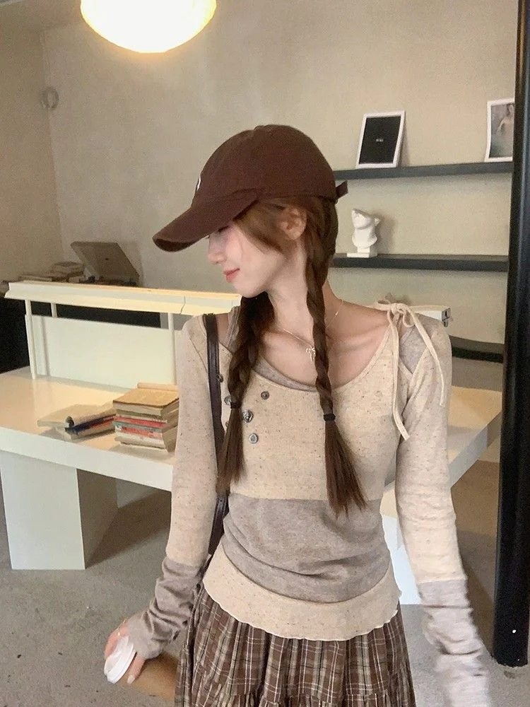 

American retro trend spicy girl fake two piece T-shirt autumn and winter trend women's slim fit long sleeved T-shirt ins style